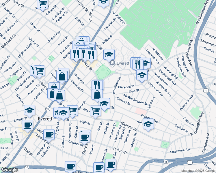 map of restaurants, bars, coffee shops, grocery stores, and more near 45 Elm Street in Everett
