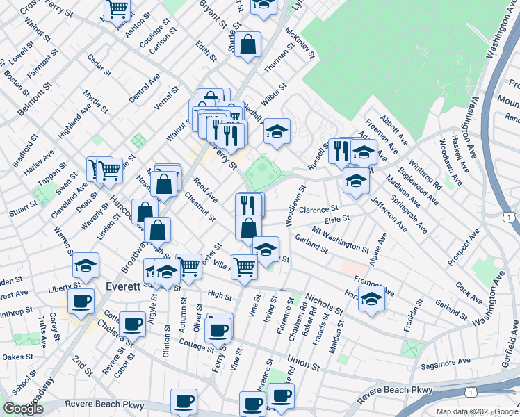 map of restaurants, bars, coffee shops, grocery stores, and more near 45 Elm Street in Everett
