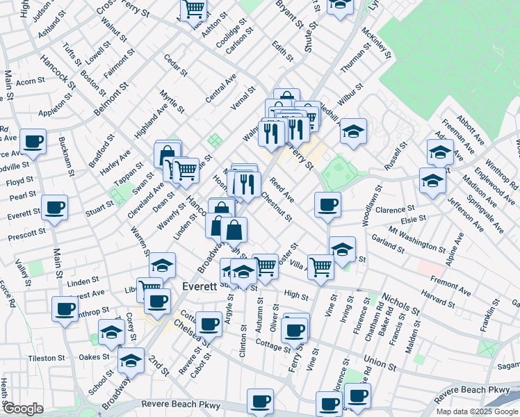 map of restaurants, bars, coffee shops, grocery stores, and more near 634 Broadway in Everett