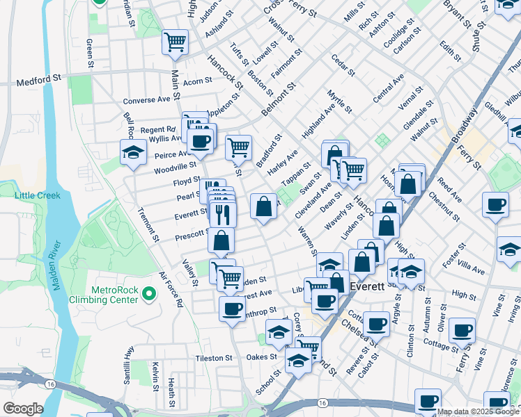 map of restaurants, bars, coffee shops, grocery stores, and more near 35 Wall Street in Everett