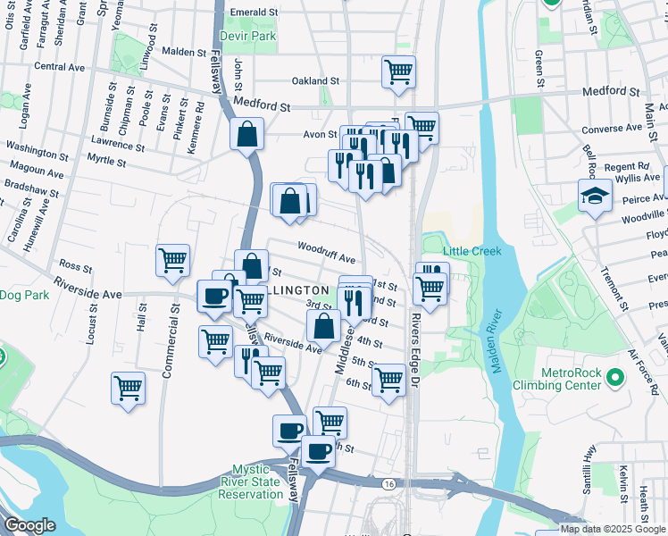 map of restaurants, bars, coffee shops, grocery stores, and more near 37 Woodruff Avenue in Medford