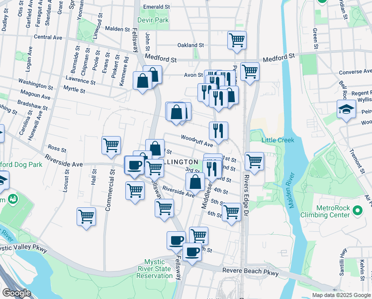 map of restaurants, bars, coffee shops, grocery stores, and more near 97 1st Street in Medford