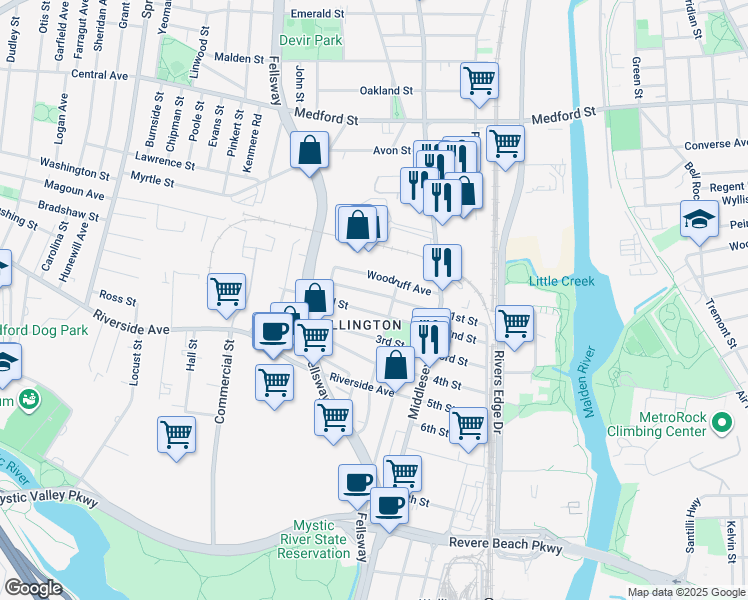 map of restaurants, bars, coffee shops, grocery stores, and more near 97 1st Street in Medford