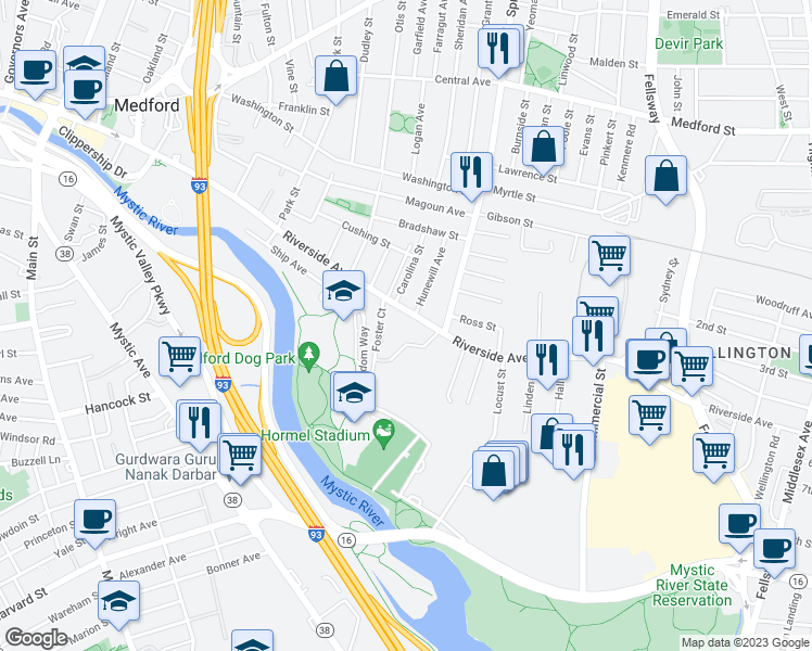map of restaurants, bars, coffee shops, grocery stores, and more near 306 Riverside Avenue in Medford