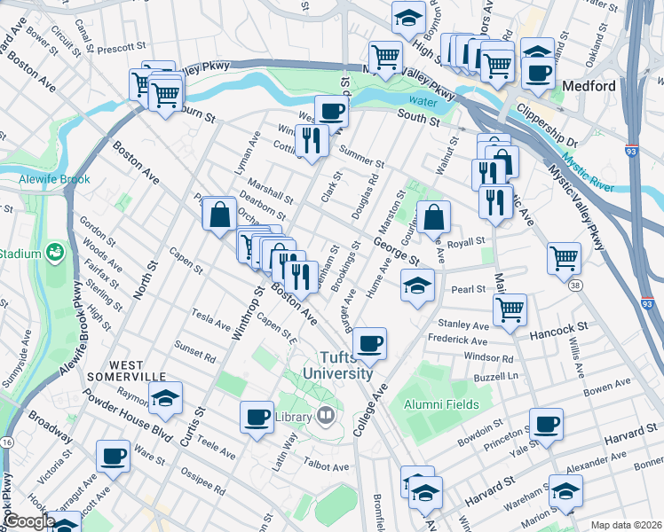 map of restaurants, bars, coffee shops, grocery stores, and more near 77 Brookings Street in Medford