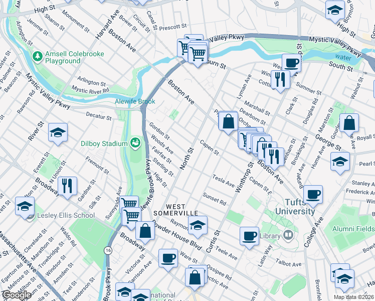 map of restaurants, bars, coffee shops, grocery stores, and more near 113 North Street in Medford