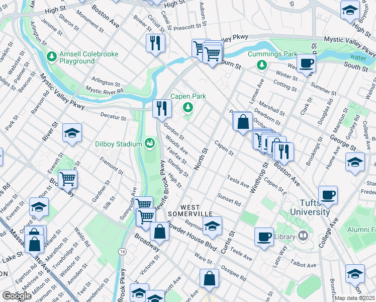 map of restaurants, bars, coffee shops, grocery stores, and more near 29 Gordon Street in Somerville