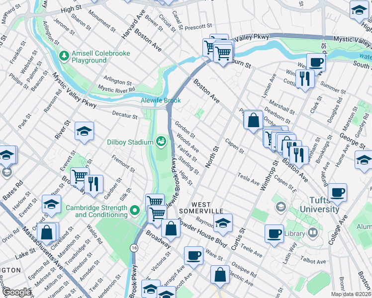 map of restaurants, bars, coffee shops, grocery stores, and more near 70 Woods Avenue in Somerville