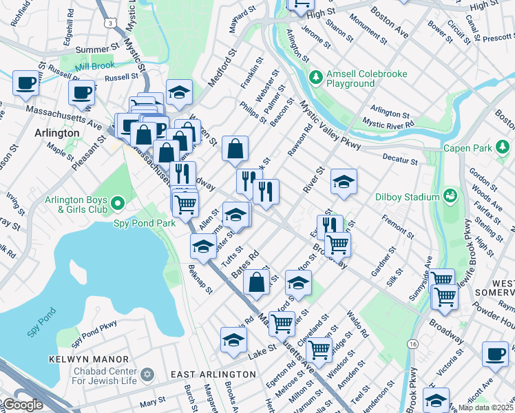 map of restaurants, bars, coffee shops, grocery stores, and more near 47 Warren Street in Arlington
