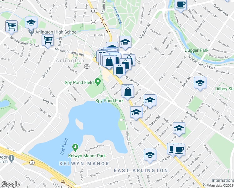 map of restaurants, bars, coffee shops, grocery stores, and more near 382 Massachusetts Avenue in Arlington