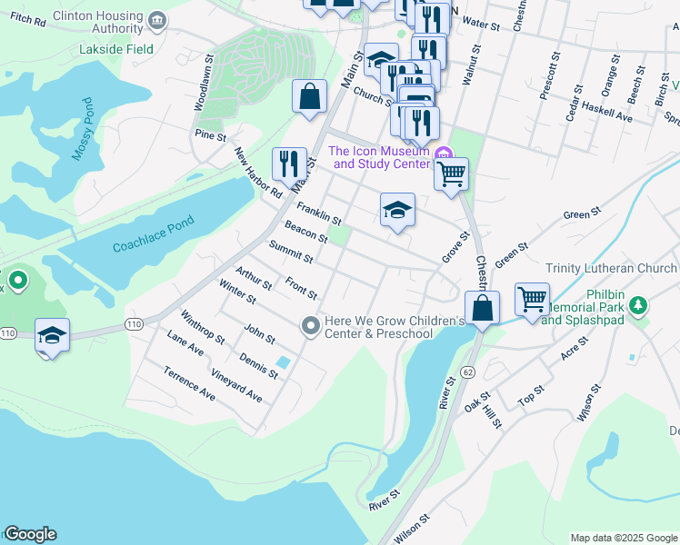 map of restaurants, bars, coffee shops, grocery stores, and more near 91 Beacon Street in Clinton