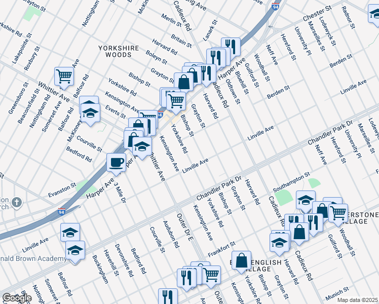 map of restaurants, bars, coffee shops, grocery stores, and more near 5974 Bishop Street in Detroit