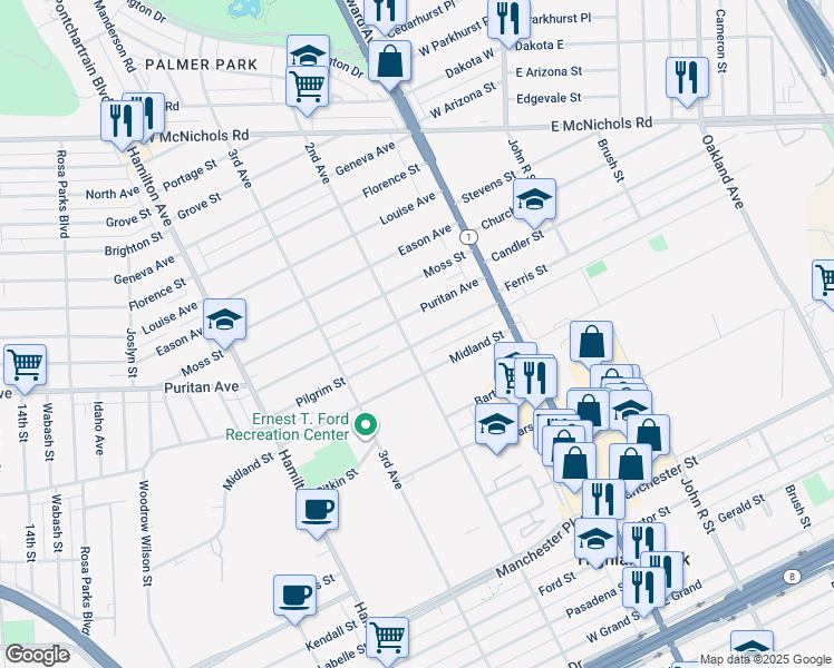 map of restaurants, bars, coffee shops, grocery stores, and more near 61 Puritan Avenue in Highland Park