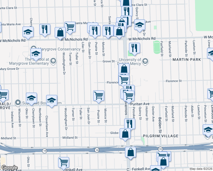 map of restaurants, bars, coffee shops, grocery stores, and more near 16502 Monica Street in Detroit