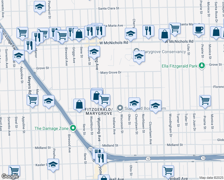 map of restaurants, bars, coffee shops, grocery stores, and more near 16524 Kentucky Street in Detroit