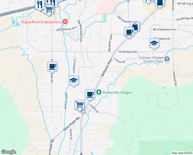 map of restaurants, bars, coffee shops, grocery stores, and more near 830 Southwest Bryn Court in Grants Pass