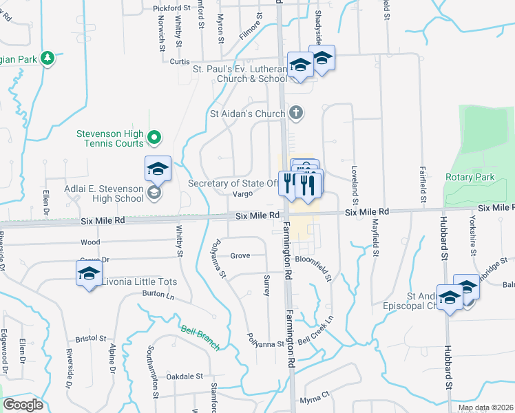 map of restaurants, bars, coffee shops, grocery stores, and more near 33431 Vargo in Livonia