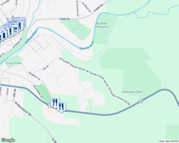 map of restaurants, bars, coffee shops, grocery stores, and more near 9384 West Powder House Hill Road in Galena