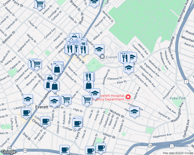 map of restaurants, bars, coffee shops, grocery stores, and more near 45 Elm Street in Everett