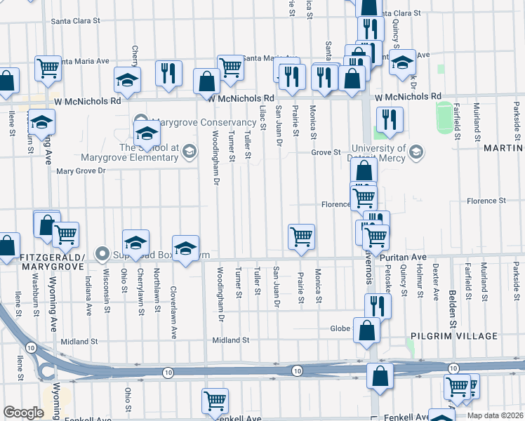 map of restaurants, bars, coffee shops, grocery stores, and more near 16508 Lilac Street in Detroit