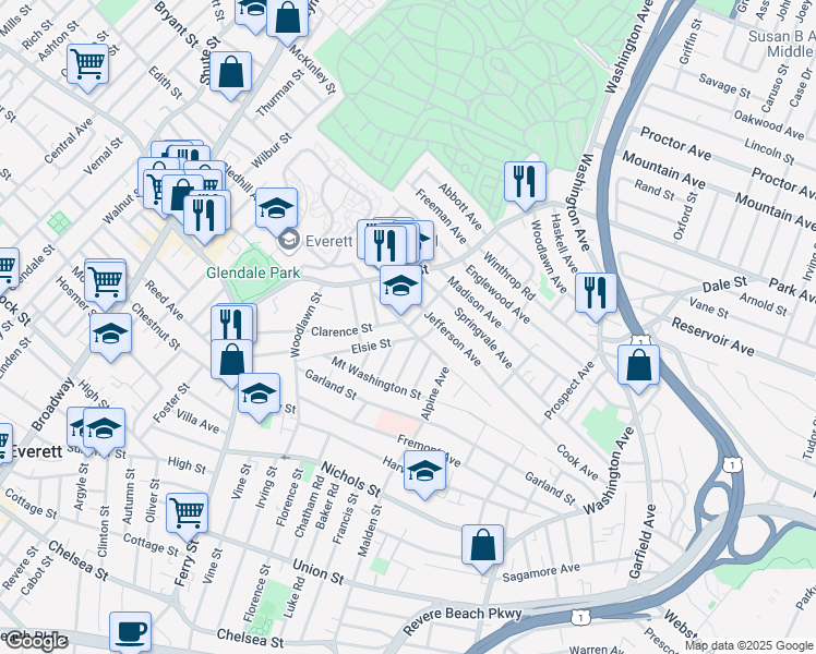 map of restaurants, bars, coffee shops, grocery stores, and more near 30 Dartmouth Street in Everett