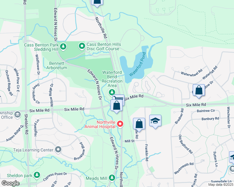 map of restaurants, bars, coffee shops, grocery stores, and more near 6 Mile Station Drive in Northville