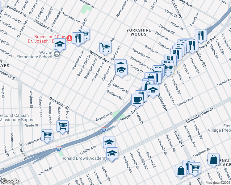 map of restaurants, bars, coffee shops, grocery stores, and more near 9320 Bedford Street in Detroit