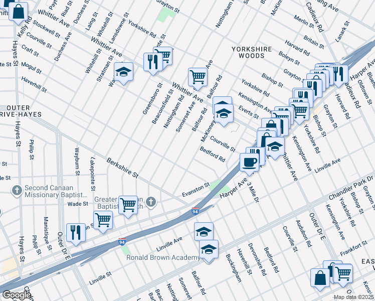 map of restaurants, bars, coffee shops, grocery stores, and more near 9908 Balfour Road in Detroit