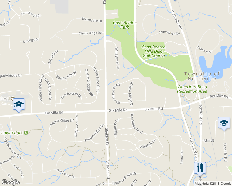 map of restaurants, bars, coffee shops, grocery stores, and more near 44230 Deep Hollow Circle in Northville