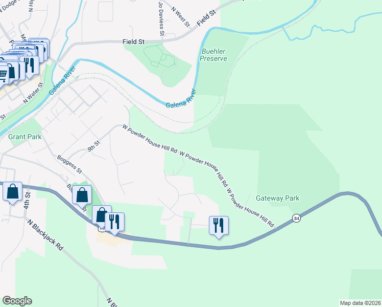 map of restaurants, bars, coffee shops, grocery stores, and more near 9384 West Powder House Hill Road in Galena