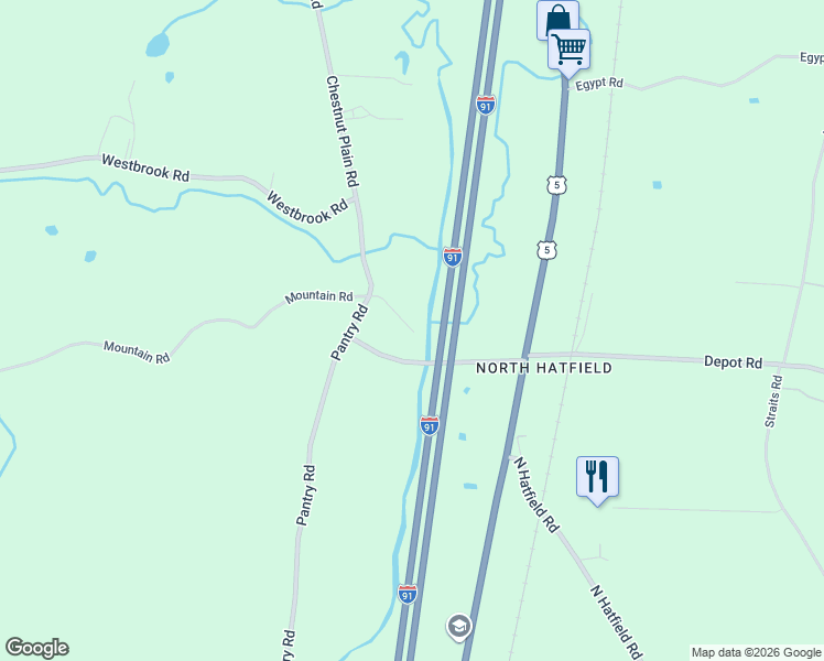 map of restaurants, bars, coffee shops, grocery stores, and more near 0 Mountain Road in Hatfield