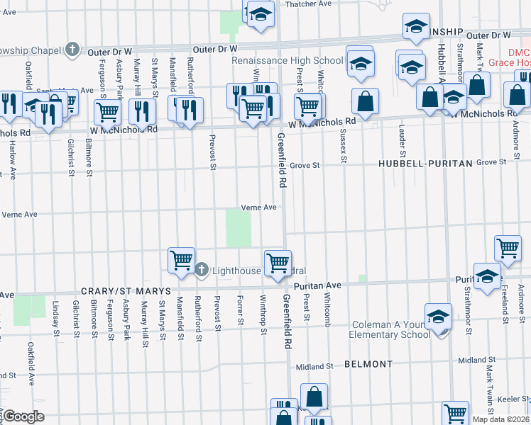 map of restaurants, bars, coffee shops, grocery stores, and more near 16708 Winthrop Street in Detroit