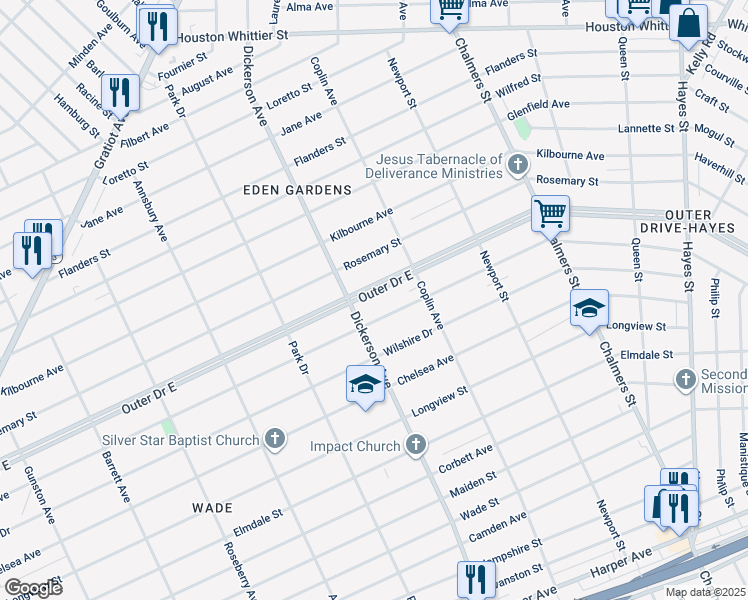 map of restaurants, bars, coffee shops, grocery stores, and more near 9056 Outer Drive East in Detroit