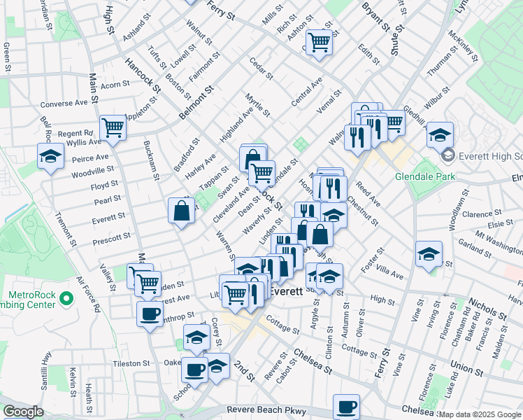 map of restaurants, bars, coffee shops, grocery stores, and more near 67 Dean Street in Everett