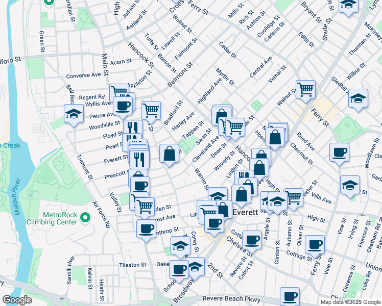 map of restaurants, bars, coffee shops, grocery stores, and more near 63 Swan Street in Everett