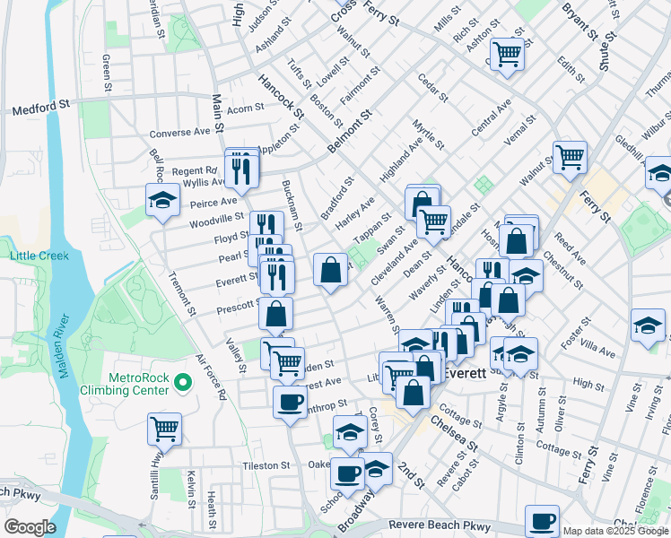map of restaurants, bars, coffee shops, grocery stores, and more near 35 Wall Street in Everett