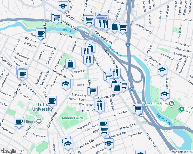 map of restaurants, bars, coffee shops, grocery stores, and more near 45 Sylvia Road in Medford