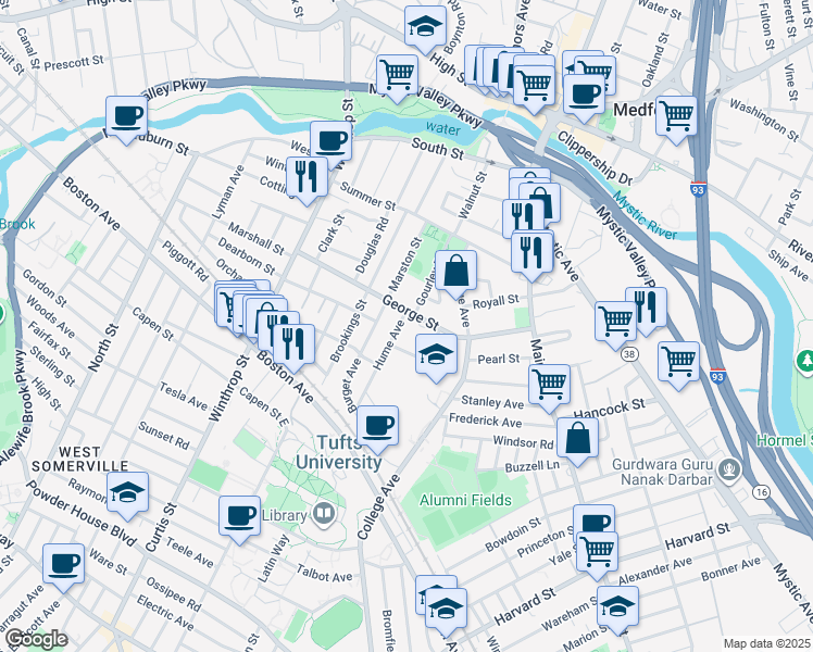 map of restaurants, bars, coffee shops, grocery stores, and more near 88 Gourley Road in Medford