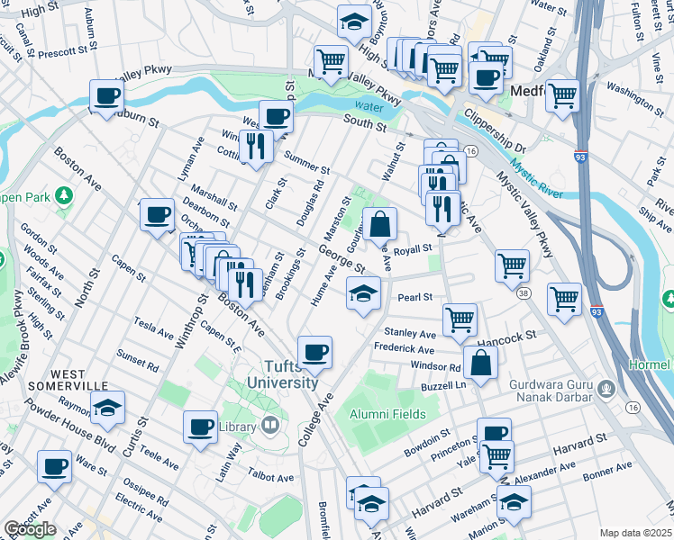 map of restaurants, bars, coffee shops, grocery stores, and more near 88 Gourley Road in Medford