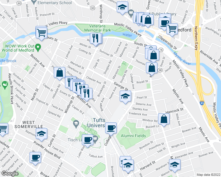 map of restaurants, bars, coffee shops, grocery stores, and more near 8 Burget Avenue in Medford