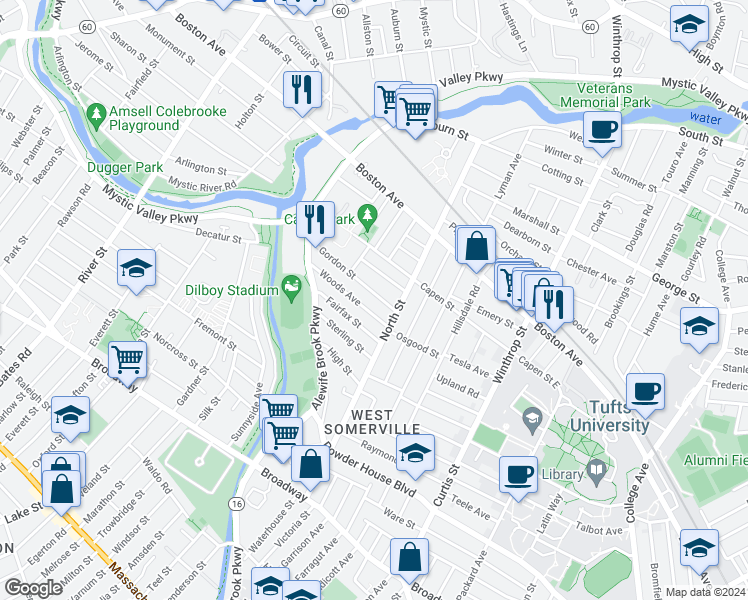 map of restaurants, bars, coffee shops, grocery stores, and more near 29 Gordon Street in Somerville