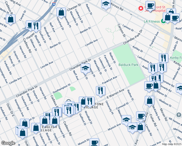 map of restaurants, bars, coffee shops, grocery stores, and more near 5508 University Place in Detroit