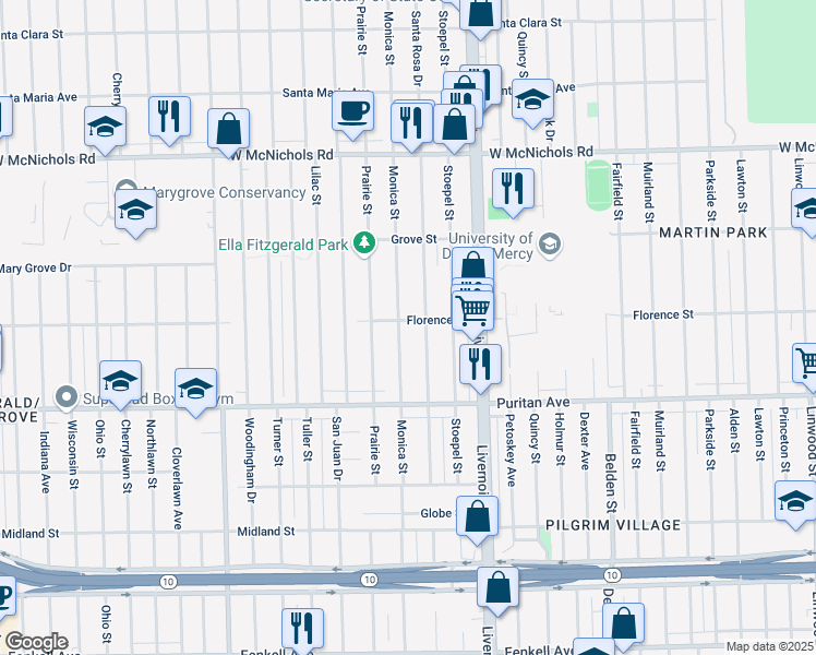 map of restaurants, bars, coffee shops, grocery stores, and more near 16502 Monica Street in Detroit