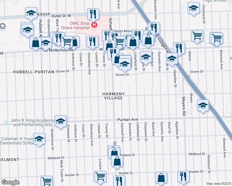 map of restaurants, bars, coffee shops, grocery stores, and more near 16530 Schaefer Highway in Detroit