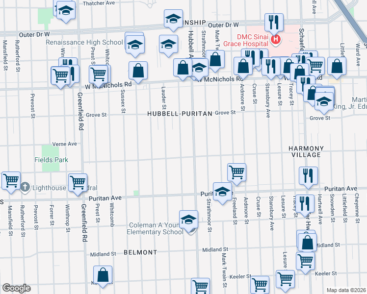 map of restaurants, bars, coffee shops, grocery stores, and more near 16570 Marlowe Street in Detroit