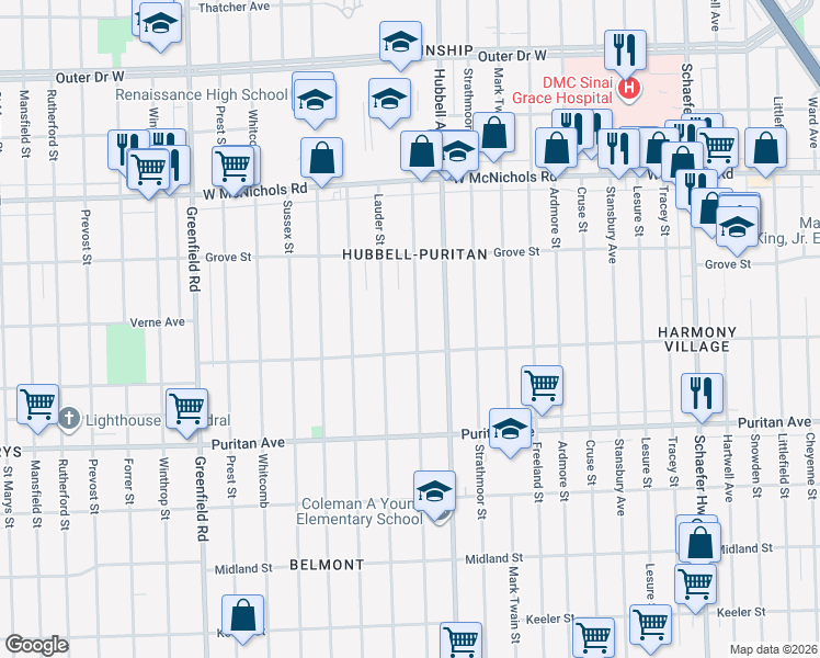 map of restaurants, bars, coffee shops, grocery stores, and more near 16576 Lauder Street in Detroit