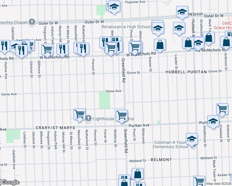 map of restaurants, bars, coffee shops, grocery stores, and more near 16708 Winthrop Street in Detroit