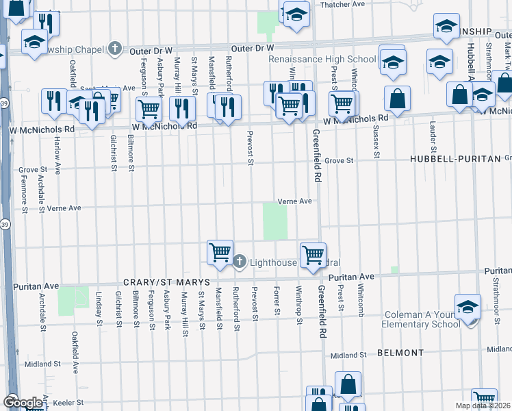 map of restaurants, bars, coffee shops, grocery stores, and more near 16707 Prevost Street in Detroit
