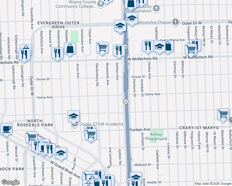 map of restaurants, bars, coffee shops, grocery stores, and more near 16725 Ashton Avenue in Detroit