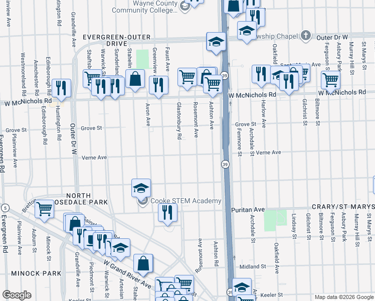 map of restaurants, bars, coffee shops, grocery stores, and more near 16723 Rosemont Avenue in Detroit